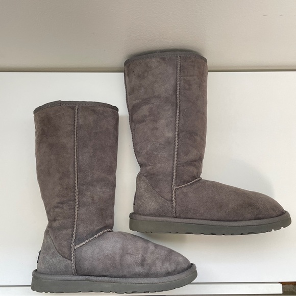 Ugg tall boots shearling leather classic winter cozy warm pull on soft grey sz 6 - Picture 10 of 12